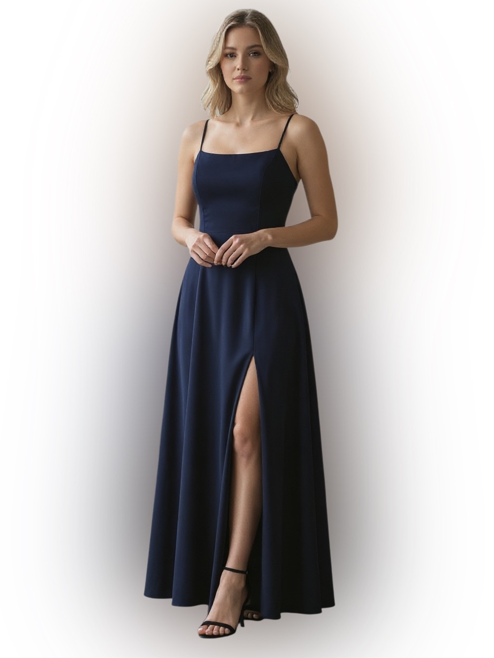 JJs House Lunetta Navy Maxi Gown Formal dress Thigh Slit open back Size 10